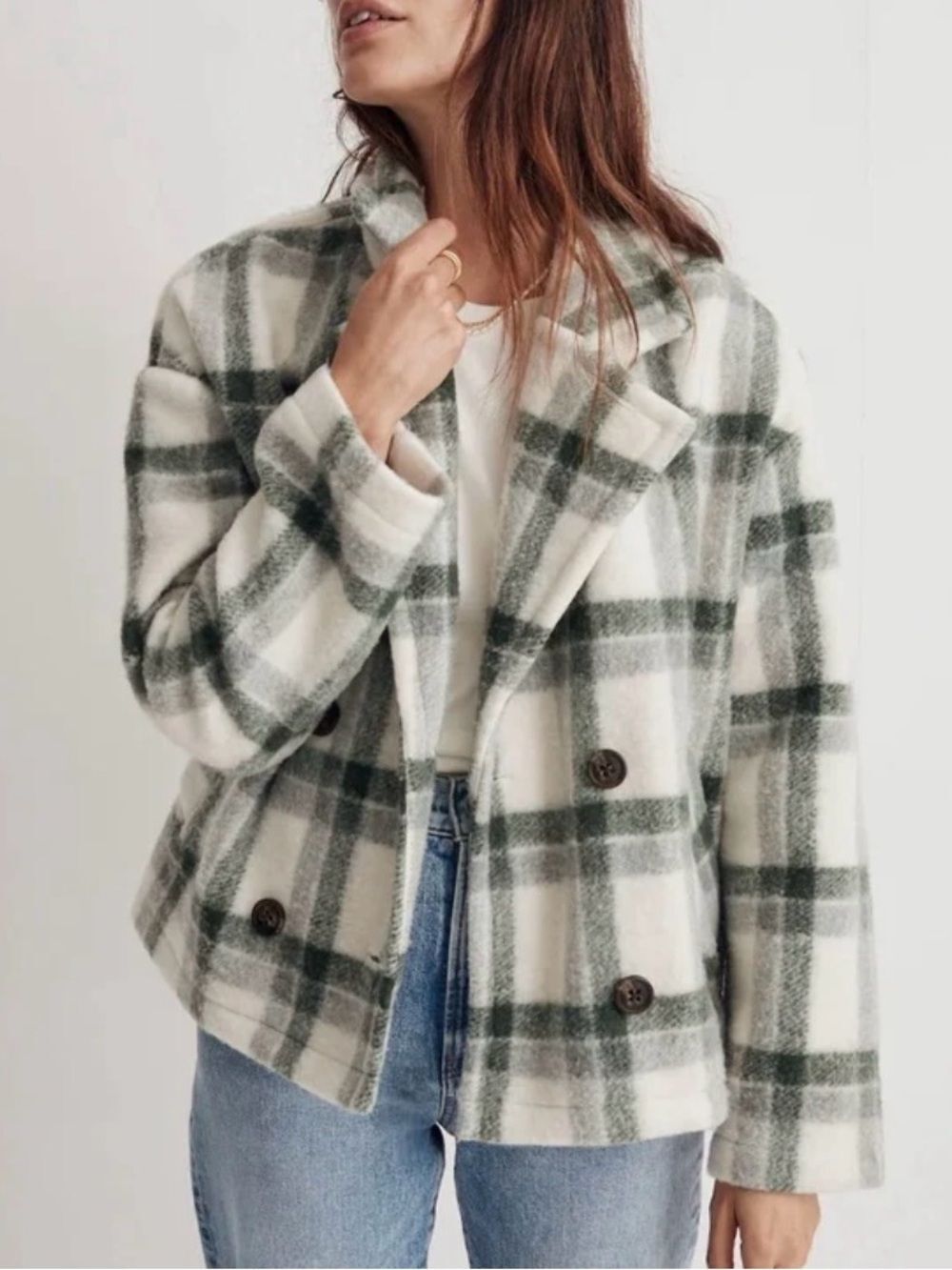 Madewell XS Green White Plaid Double Breasted Wool Blend Jacket Coat Shacket